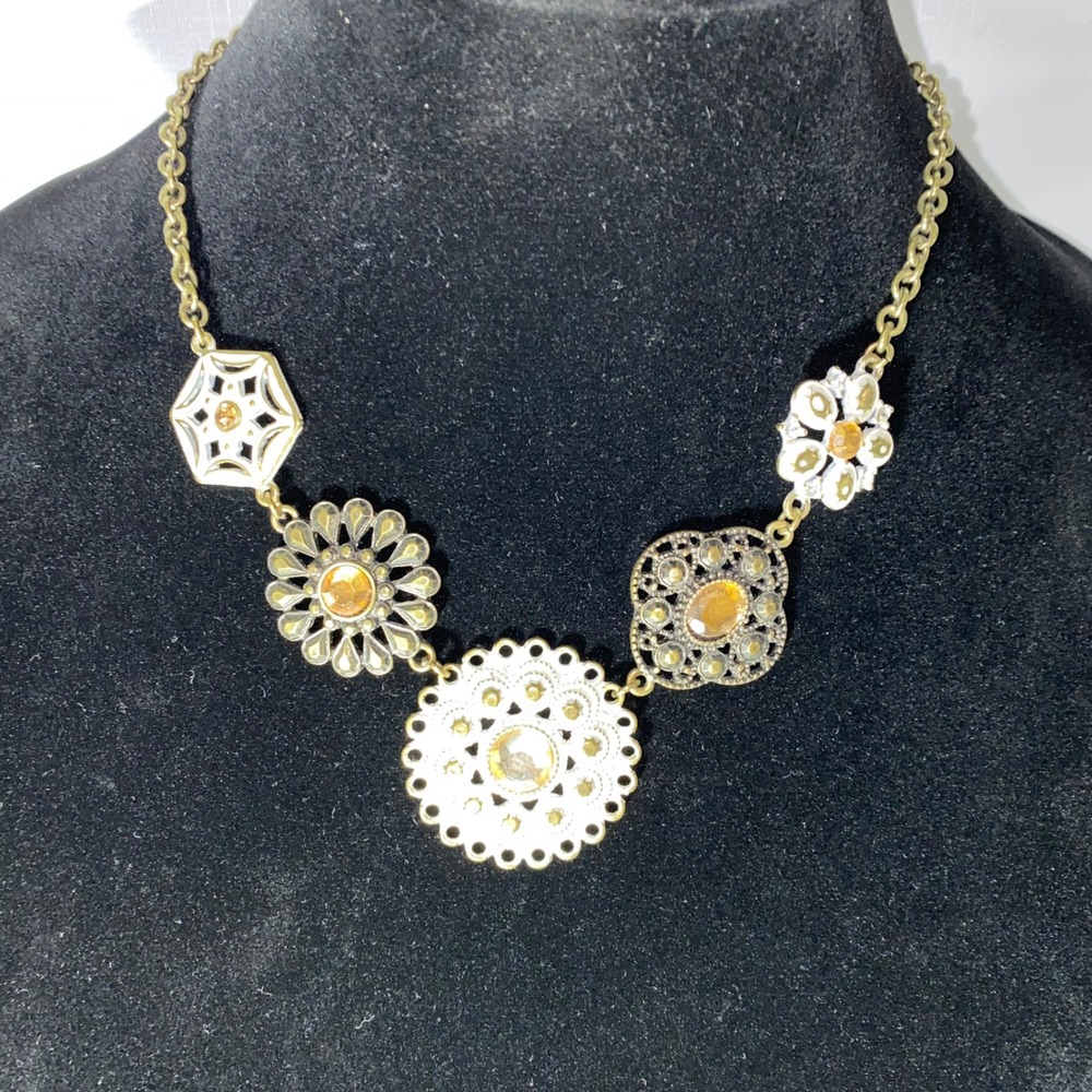 Statement Necklace Gold Tone Geometric Floral Amber Rhinestone Pendant Choker
